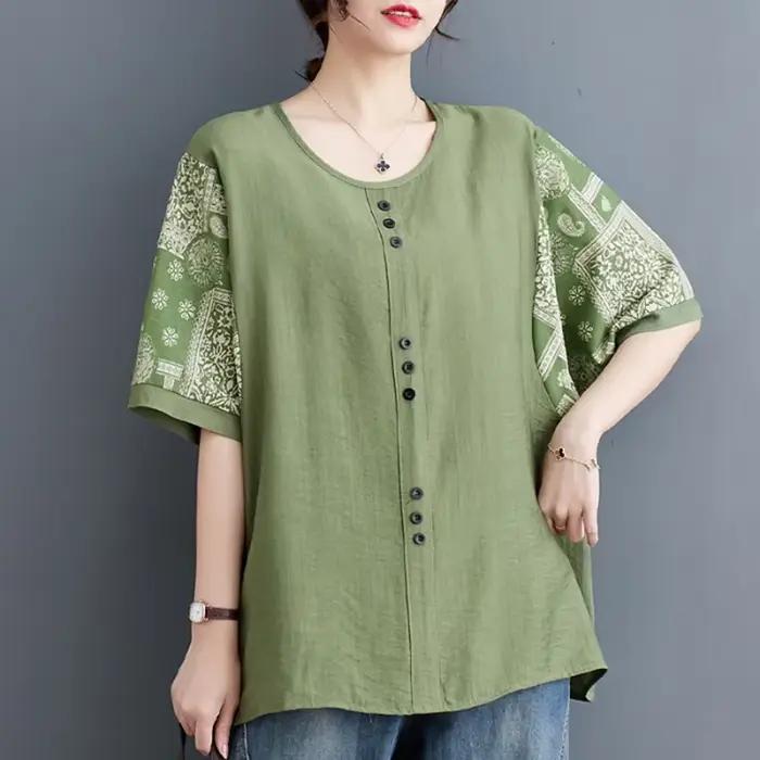 Grande taille vêtements pour femmes ample demi manches coton lin T-shirt pour les femmes été nouveau Style ethnique ventre couvrant pull haut