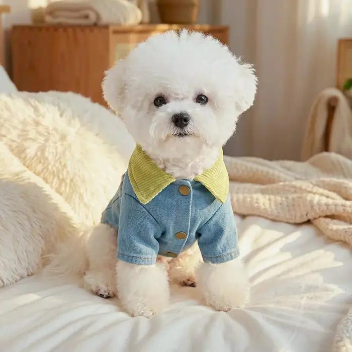 Gilet en jean pour animaux de compagnie Flower Pocket, bleu clair avec col vert citron, sans manches avec anneau en D, veste à deux pattes pour petits chiens et chats