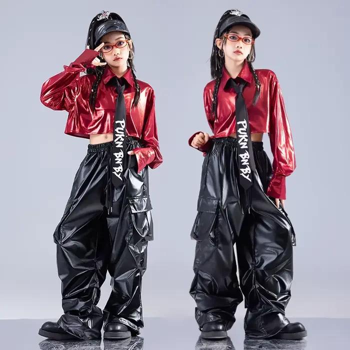 Haut court rouge à manches longues, pantalon en cuir, Costume de danse Jazz, vêtements pour filles,