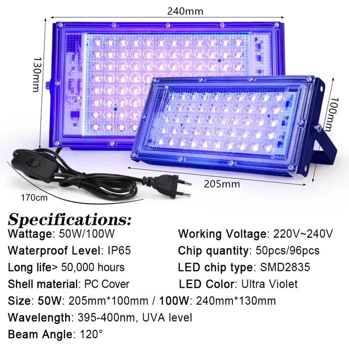 395nm 400nm Led UV projecteur 220V lampe de scène ultraviolette 50W 100W LED scène lumière noire éta