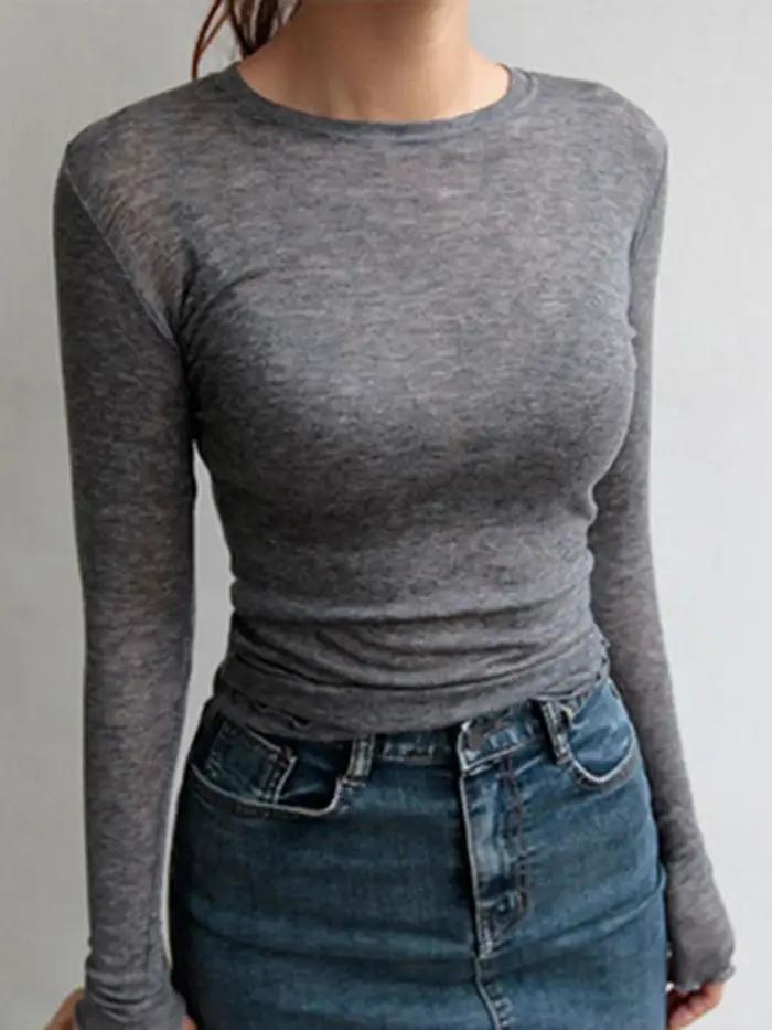 Haute qualité plaine T-shirt femmes coton élastique basique T-shirts femme décontracté hauts à manches longues Sexy mince T-shirt voir à travers