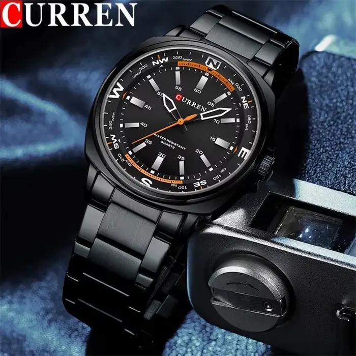 Montre homme CURREN 8455 quartz argentée - Cadran noir acier inoxydable - Style affaires et loisirs