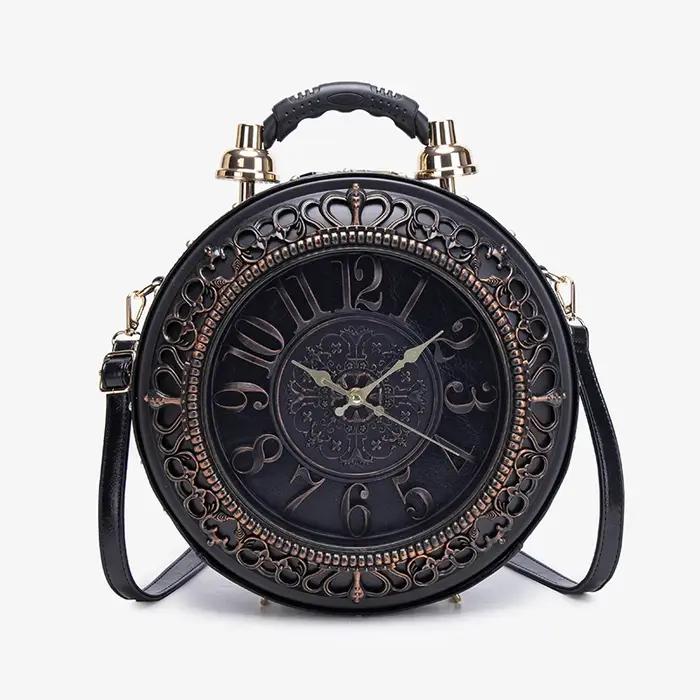Sac à main circulaire rétro avec horloge pour femmes, sac à bandoulière solide et élégant pour toutes les occasions