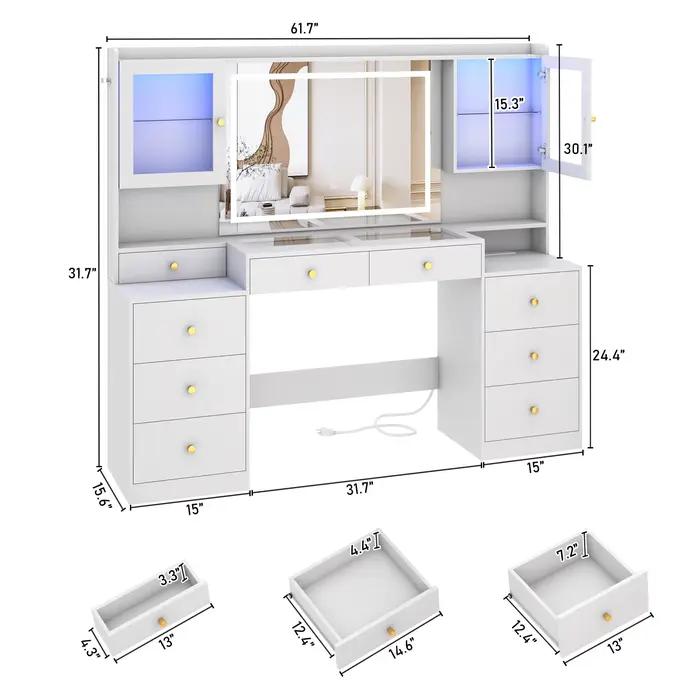 Grand bureau de courtoisie avec miroir et lumières, coiffeuse de maquillage avec station de charge,