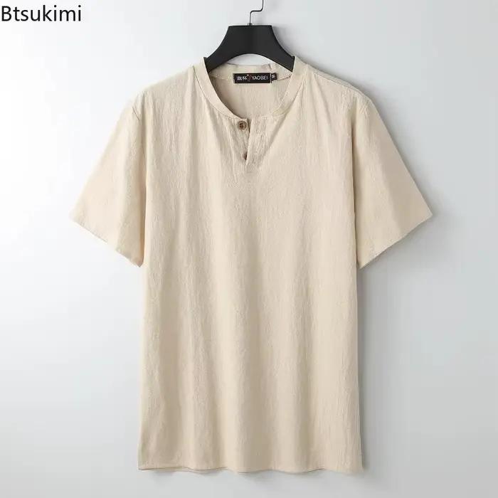 T-shirts en coton et lin à manches courtes pour hommes