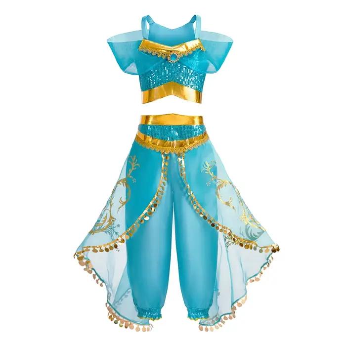 Robe de princesse Jasmine pour filles, ensemble de vêtements pour enfants, anniversaire, luxe, Hallo