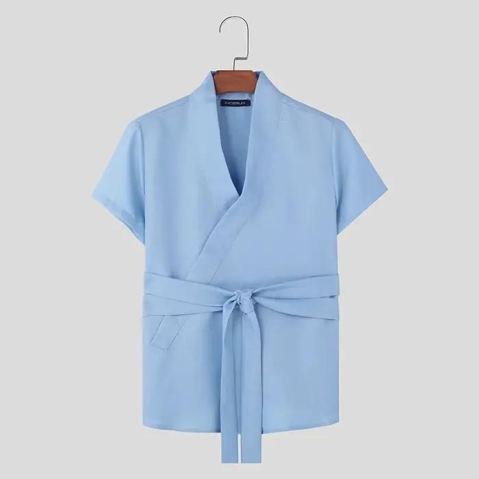 INCERUN hommes t-shirt couleur unie col en V à manches courtes été décontracté mâle