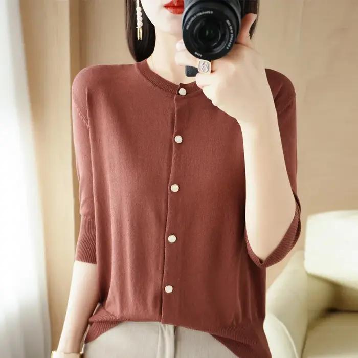Pull Cool en Rayonne à Col Rond pour Femme, Cardigan Trois Quarts Décontracté, à la Mode, avec des D