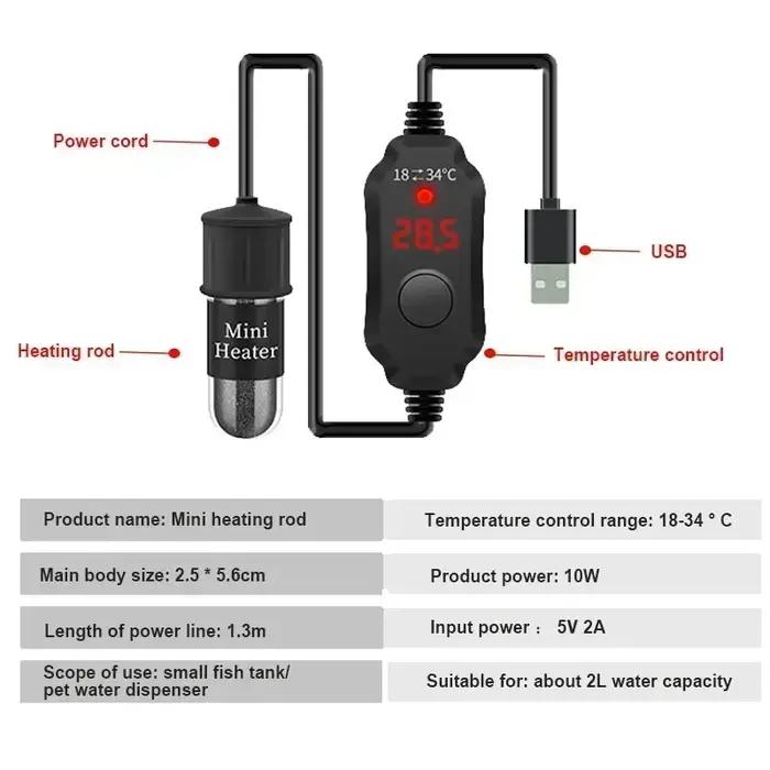 Betta – petit Aquecedor d'aquarium réglable 10W, chauffage Submersible pour Aquarium, 5V/2A, aliment