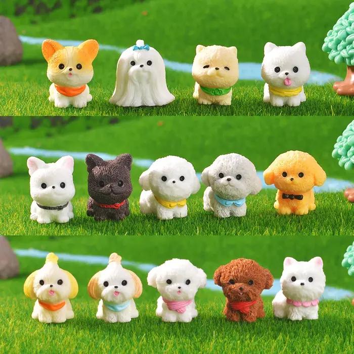 3 pièces mignon dessin animé bavoir chiot Mini résine Figurines jardin mousse Miniature paysage bricolage ornement voiture bureau chien animaux décorations