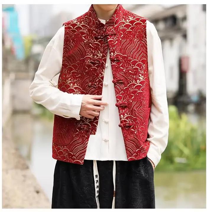 Nouveau gilet rouge chinois pour homme mode Jacquard Tang manteau vestes disque boucle vêtements traditionnels