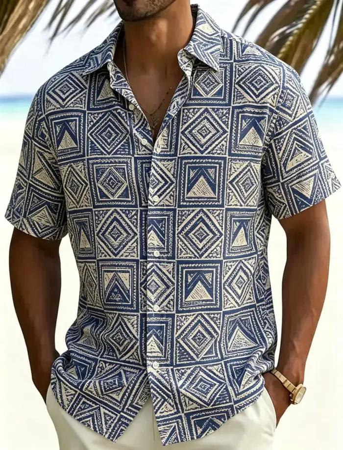 Chemise homme à manches courtes imprimée motif totem géométrique style décontracté pour été et quotidien