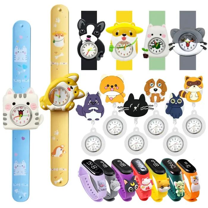 Montre enfant pour garçons et filles, motif dessin animé chien chat, jouet éducatif, montre-bracelet à claquer pour étudiants