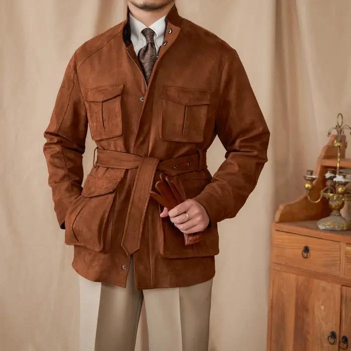 Gentry veste de chasse en daim de style haut ceinture multi-poches chaude coupe ajustée