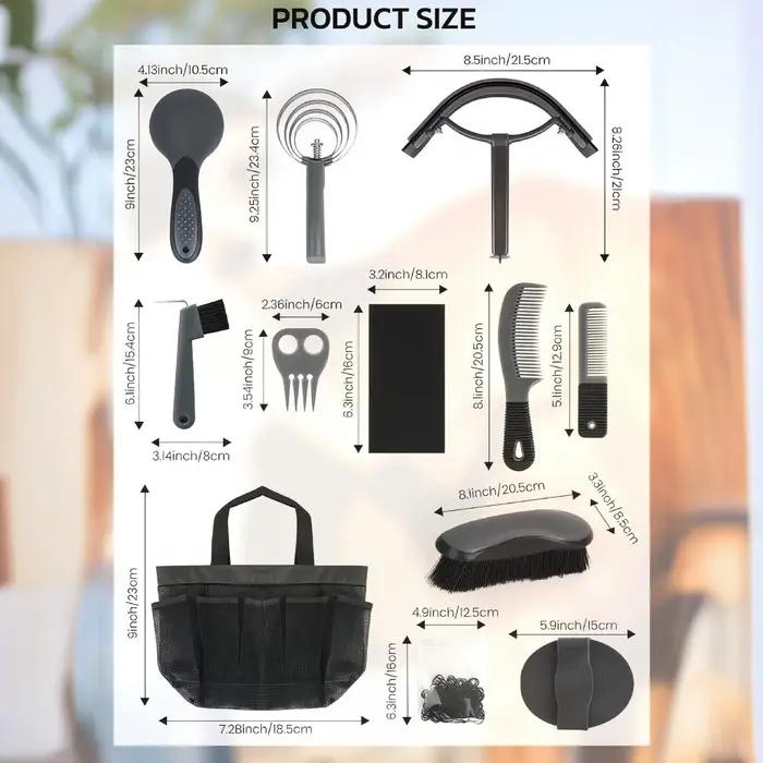 Kit de toilettage pour chevaux 11 pièces – Ensemble complet de brosses et d'accessoires pour le soin