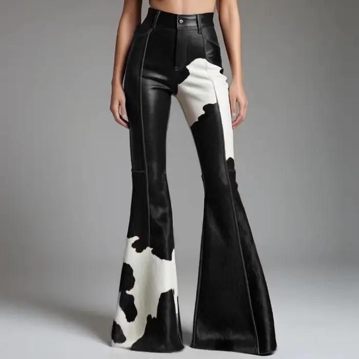Pantalon évasé en cuir PU à motif vache pour femme, taille haute, pantalon slim en simili cuir, mode