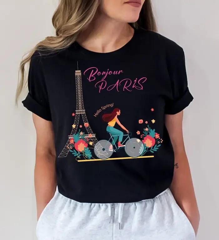 T-shirt Tour Eiffel Paris Rose Floral Vintage Cadeau Souvenir Français Mode Femme Occasions Spéciales