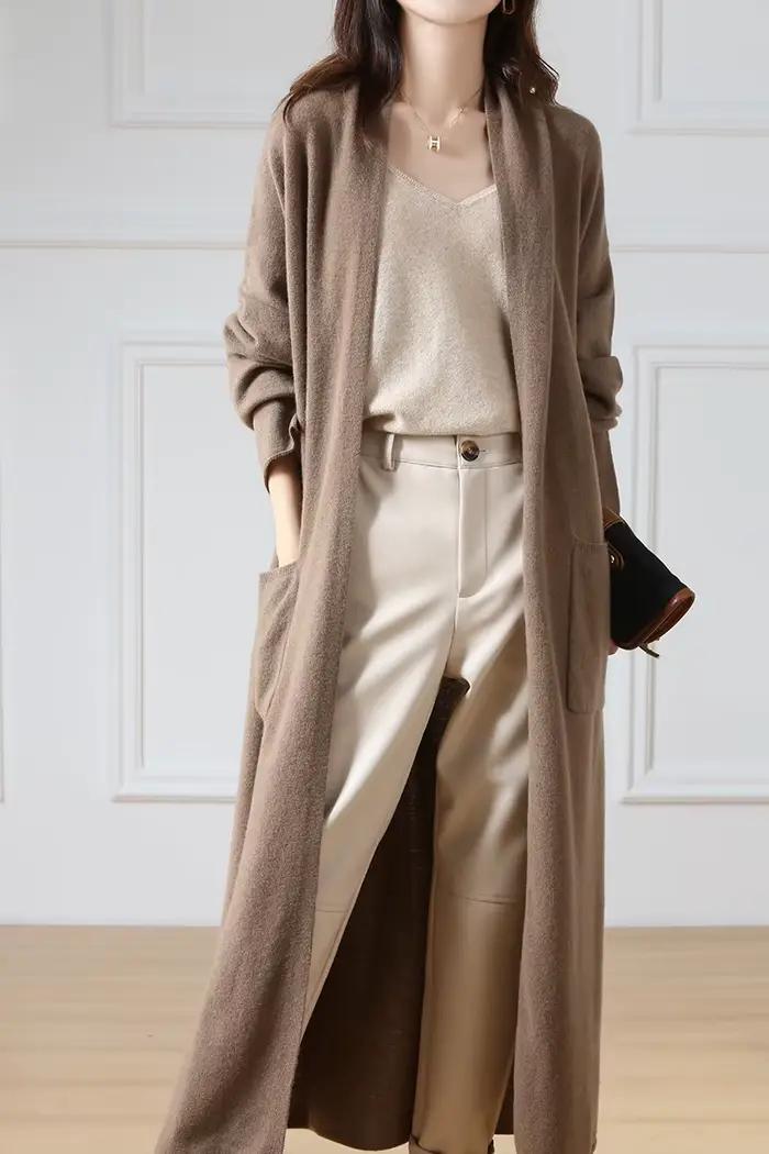 Cardigan en laine à col en V pour femme, pull 100% laine, monochromatique, mode féminine, long, tric