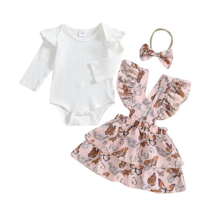 Barboteuse à manches longues et jupe à volants pour bébé fille, ensembles de vêtements d'automne 3 pièces, bande de sauna, tenues pour nourrissons