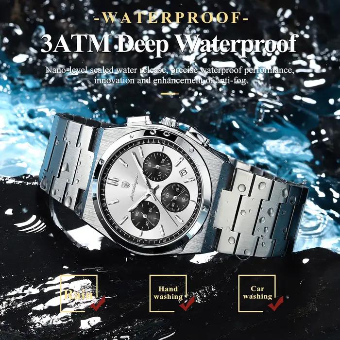 Montre homme chronographe POEDAGAR classique acier inoxydable étanche avec date et aiguilles lumineuses