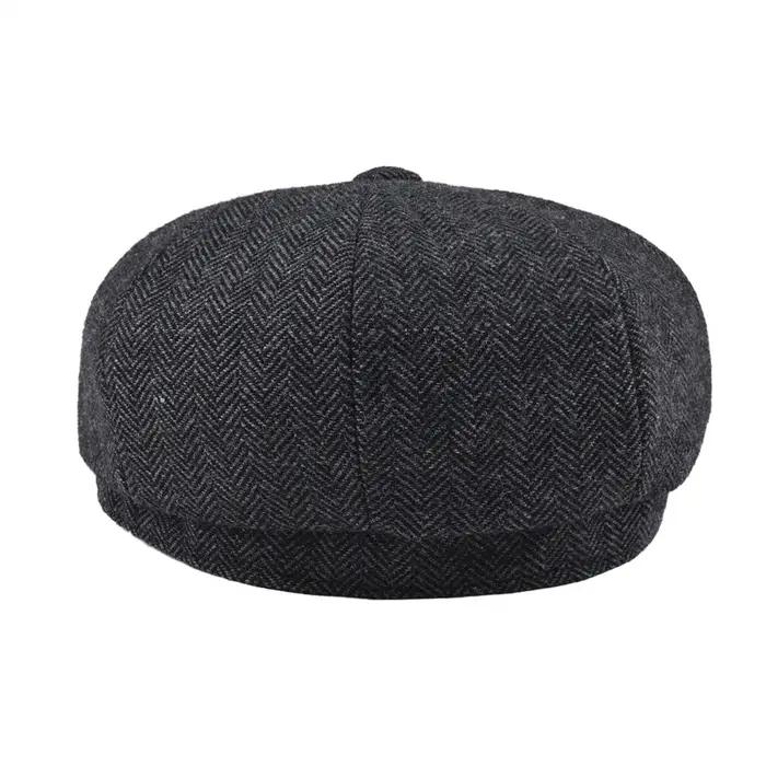 Casquette Gavroche Classique BOTVELA en Laine Tweed à 8 Panneaux Noir Motif Chevrons pour Homme, Cas