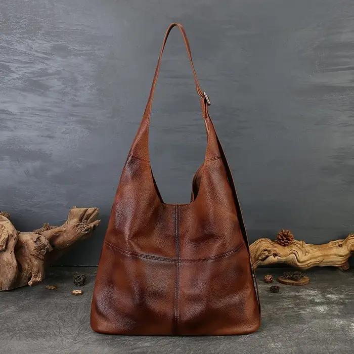 Sac fourre-tout Johnature 2026 en cuir véritable grande capacité, style vintage, en cuir de vachette