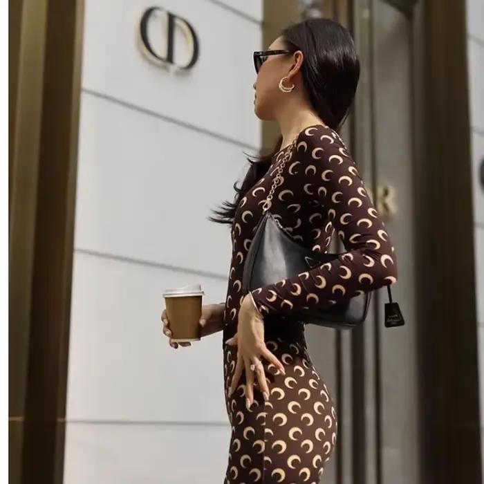 Combinaison Y2K à imprimé lune pour femme, manches longues, élastique, moulante, streetwear, sexy, m