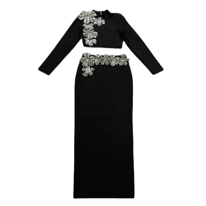 Ensemble deux pièces pour femmes sexy en polyester et élasthanne avec détails en diamants pour soirées de gala et cérémonies d'automne