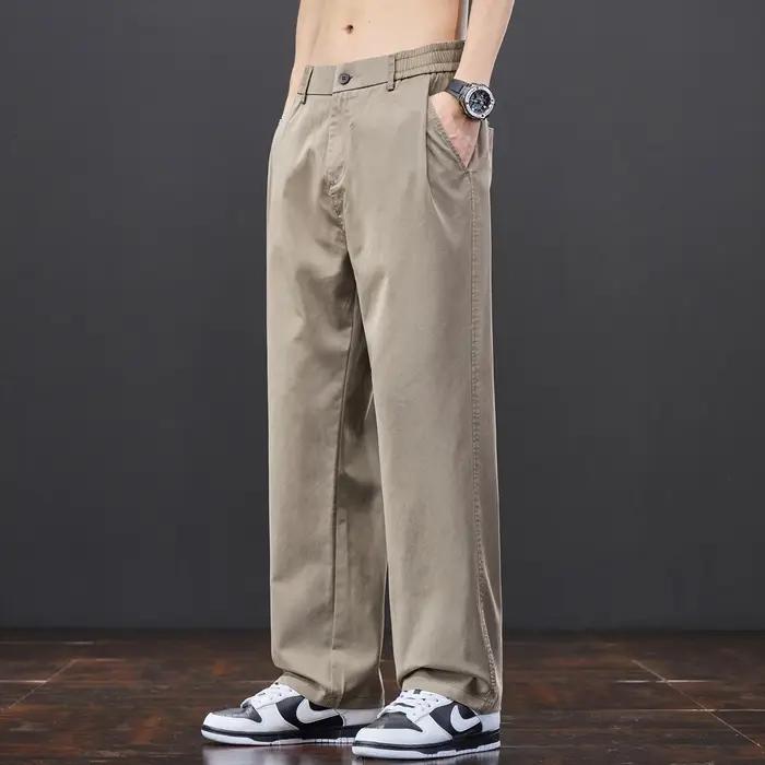 Pantalon décontracté homme en tissu Lyocell, coupe droite ample, gris clair kaki, taille élastique,