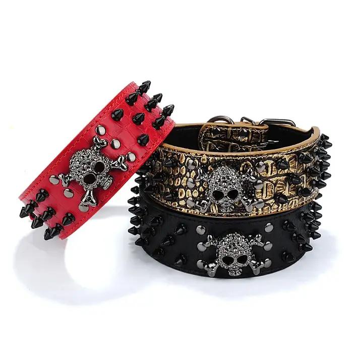 Ensemble collier de chien clouté de crâne noir gothique d'Halloween et laisse en PU – Anti-masticage pour les races