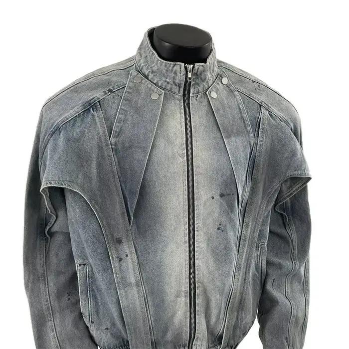 Veste en jean vintage pour homme, veste cargo décontractée à col montant et manches longues, streetwear ample et tendance pour le printemps et l'automne