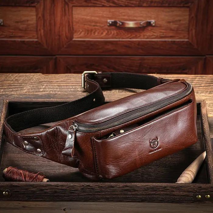 BULLCAPTAIN sac de taille en cuir véritable pour hommes sac d'alpinisme rétro décontracté multifonctionnel loquet serrur