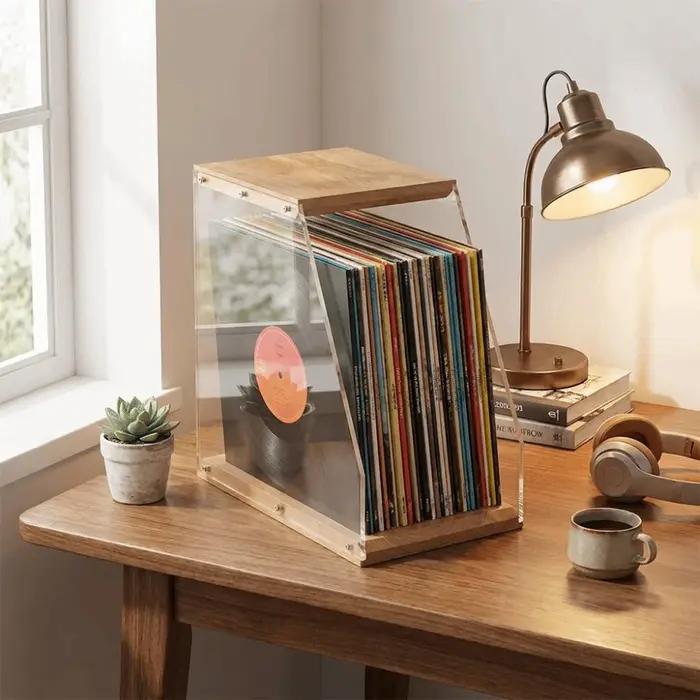 Support de disques vinyles en bois massif, structure stable, design transparent, présentoir vinyle, présentation claire, gain de place
