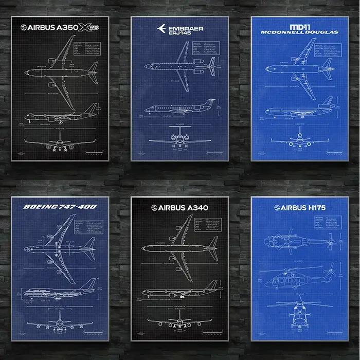 Air Force avion Airbus A-340 B-747 brevet imprime avion affiche Fighter Blueprint toile peinture mur Art gérer décor à la maison