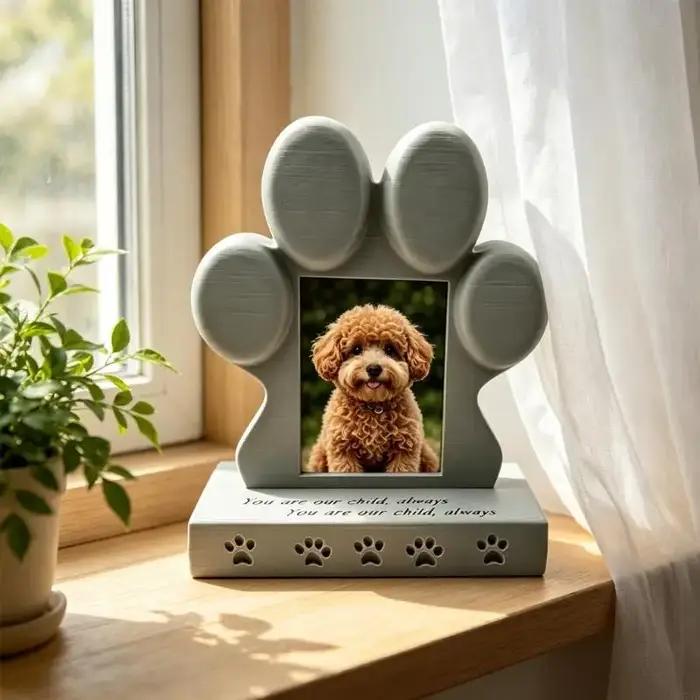 Pierre tombale pour chien, panneau perte d'animal compagnie imprimé en 3D avec pièce d'affichage autoportante pour étagère