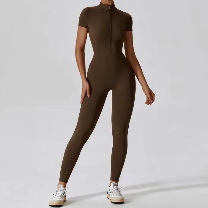 Ensemble de Yoga, combinaisons une pièce pour femmes, fermeture éclair, manches courtes, vêtements d