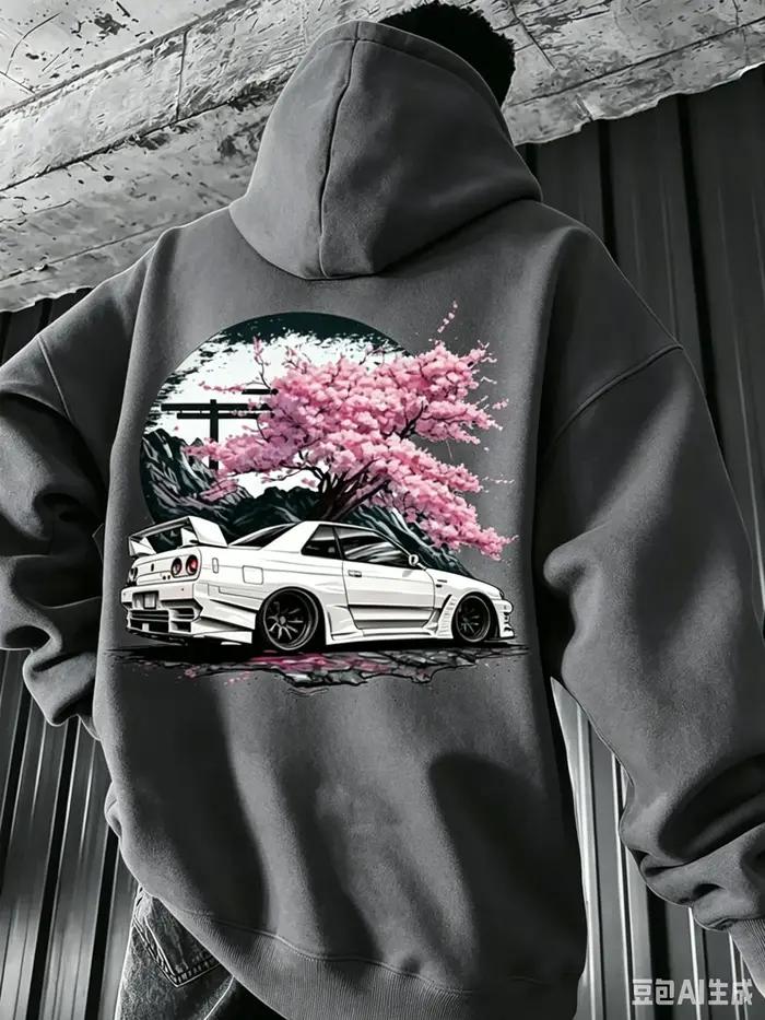Sweat à capuche pour homme pour l'automne/hiver, style streetwear minimaliste avec graphiques vintage de voiture de sport JDM blanche et de fleurs de cerisier