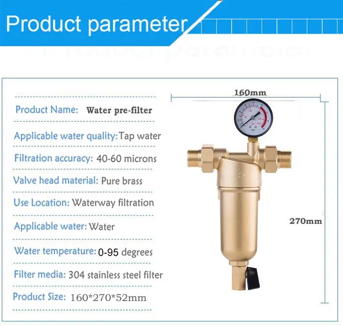 Siphon à dépense pré-filtre filtre à eau chaude système de purificateur en laiton entier pré-filtre en maille d'acier inoxydable avec jauge eau chaude pour purification centrale haute qualité résistante à la chaleur pour utilisation domestique et commerciale