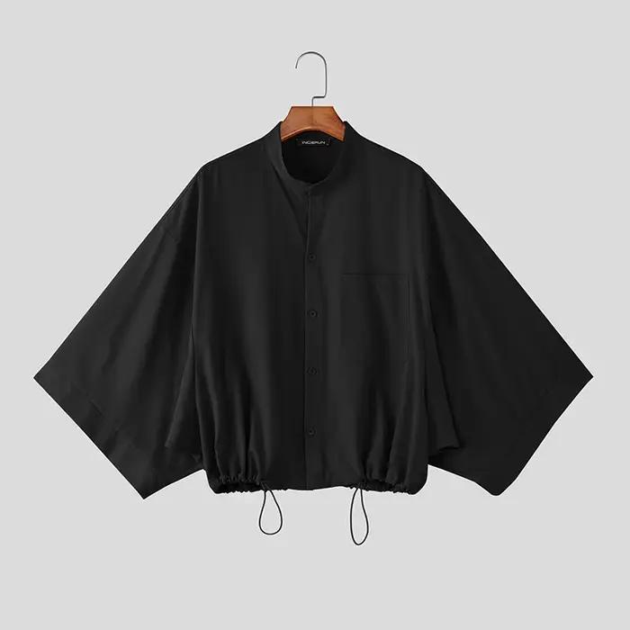 Chemise Homme INCERUN Col Montant Uni Manches 3/4 Ample Décontractée Vêtements Homme Cordon de Serrage Streetwear 2026 Hauts Tendance Chemises Homme
