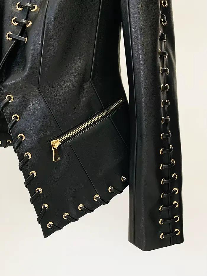 Veste de créateur tendance de haute qualité 2026, veste en cuir ajustée à lacets pour femmes
