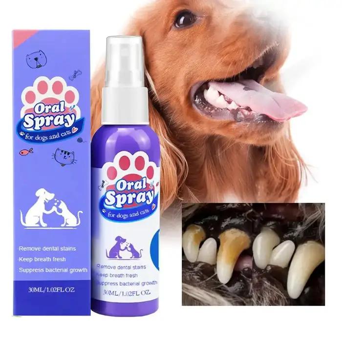Spray buccal pour chiens soins bucco-dentaires préventifs élimination bactéries haleine fraîche réduction plaque tartre gencives saines usage quotidien occassions spéciales cadeau animaux de compagnie