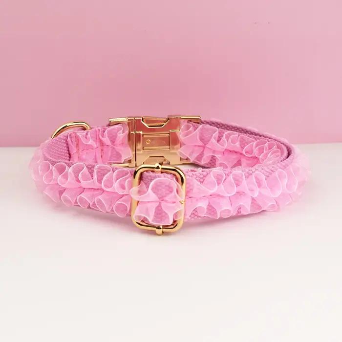 Collier pour chien en dentelle rose gravé sur mesure - Harnais personnalisé pour animaux de compagnie