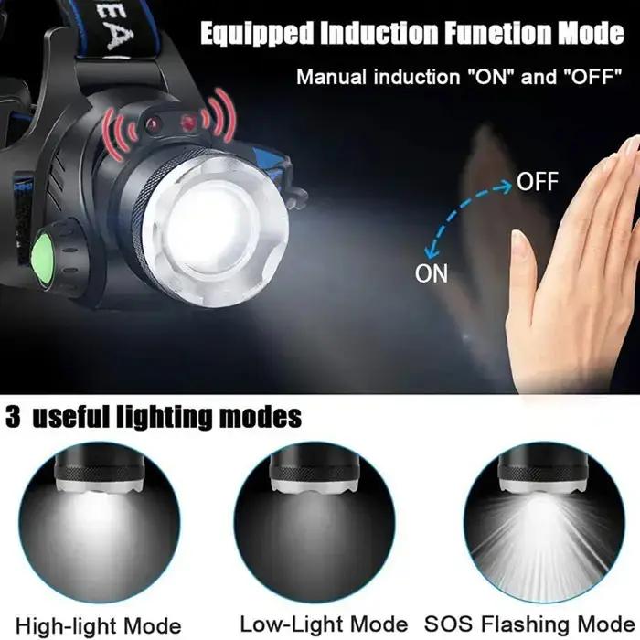 2*18650 USB lampe frontale Rechargeable capteur de mouvement lampe de poche LED lanterne lampe de po
