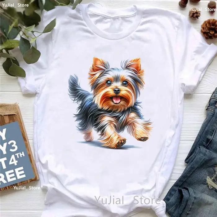 T-shirt imprimé animal Yorkshire Terrier pour femmes, T-shirt femme, vêtements Kawaii, Harajuku, fleurs, drôle, mode estivale