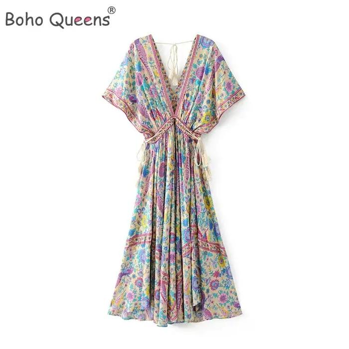 Robe bohème maxi femme été imprimée paon manches chauve-souris décolleté V plumes plage