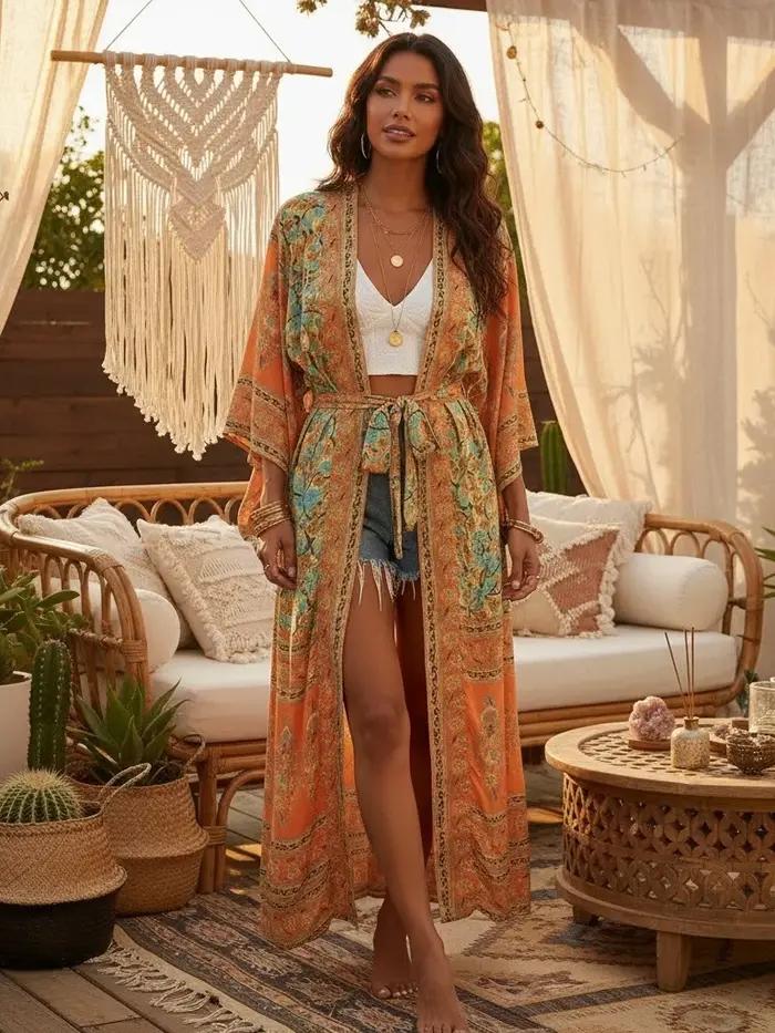 Kimono plage vintage fleuri jaune - Robe maxi manches chauve-souris - Couverture bikini bohème