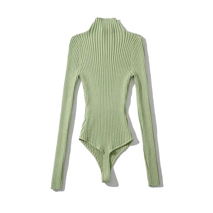 SheMujerSky femmes Sexy haute fente tricoté élastique mince body printemps automne col roulé combinaisons couleur unie