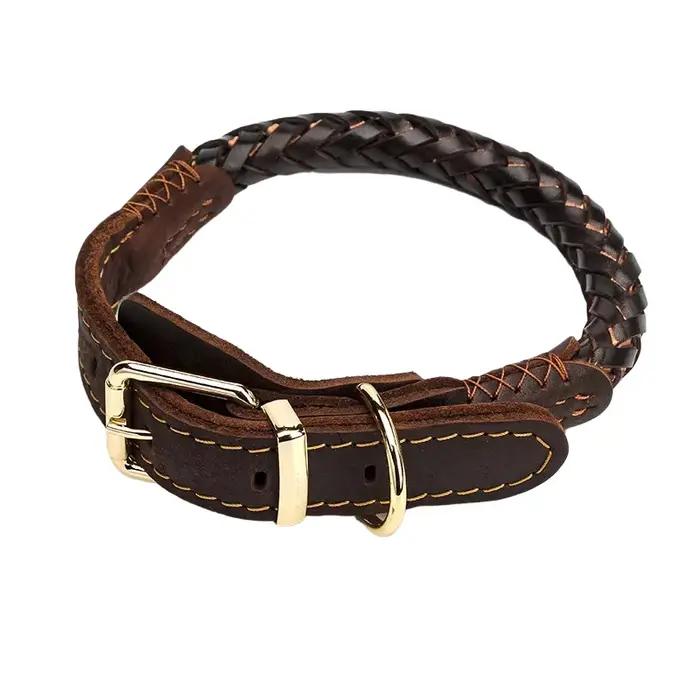 Collier pour chien en cuir tressé à huit brins, collier en cuir véritable pour chien, grand collier
