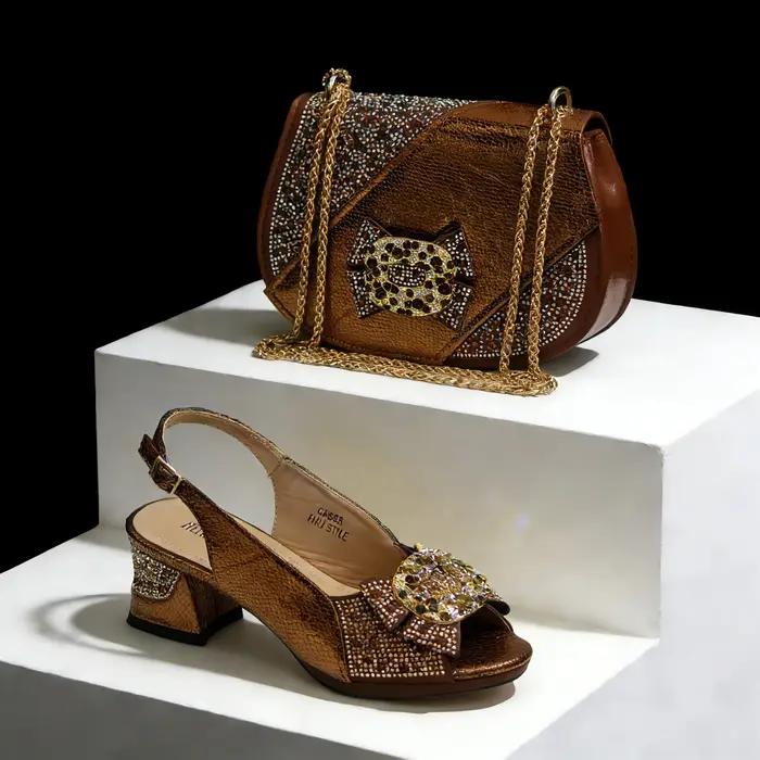 Ensemble élégant 2026 pour femme : Chaussures à talons hauts orange et sac assorti avec strass