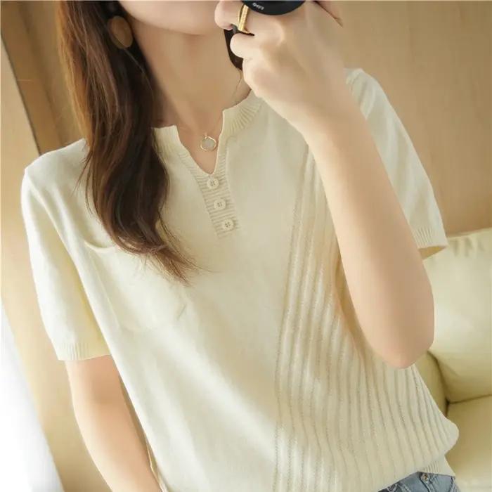 T-shirt tricoté à manches courtes et col en v pour femme, haut ample et décontracté, couleur unie, 1